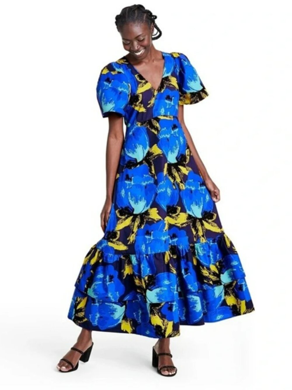Christopher John Rogers x Target Blue Floral Tiered Puff Sleeve Maxi Dress Sz 6